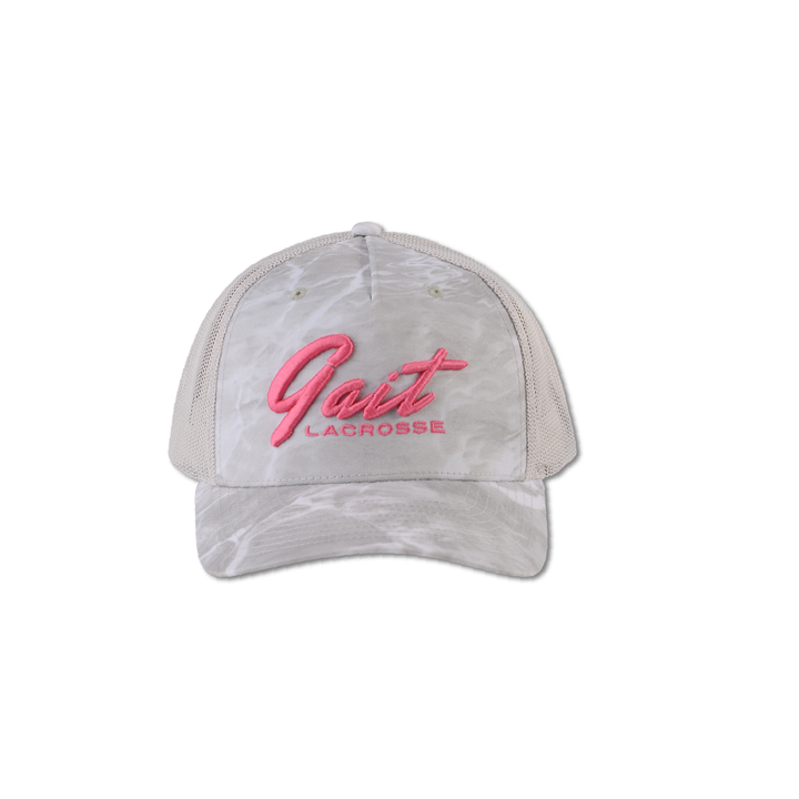 White Camo & Pink Script Trucker Hat