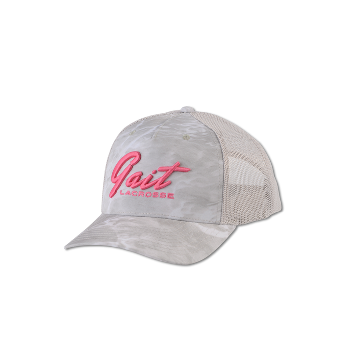 White Camo & Pink Script Trucker Hat