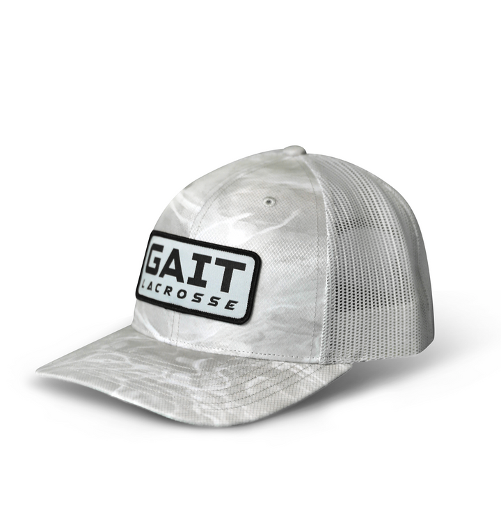 White Camo Grey Patch Trucker Hat